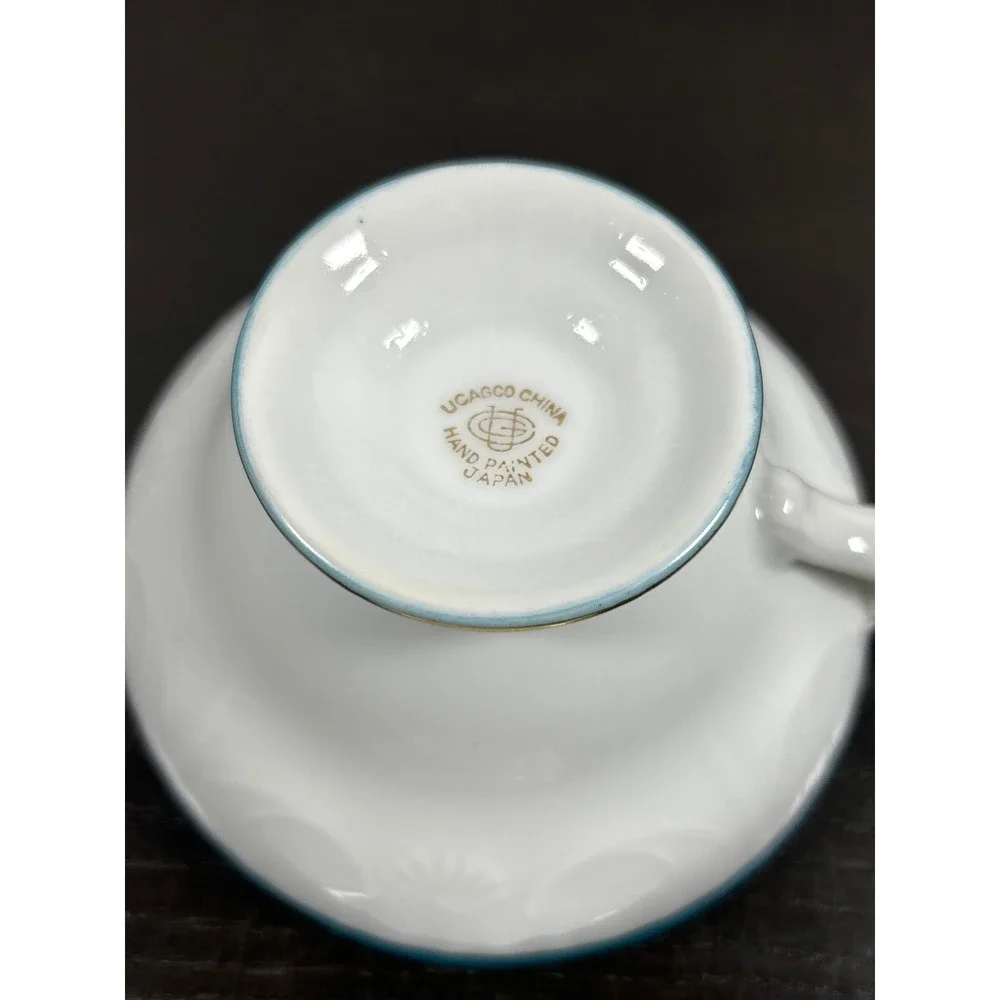 Vintage Ucagco China Teacup Saucer Set Turquoise Gold Gilt Hand Painted Japan